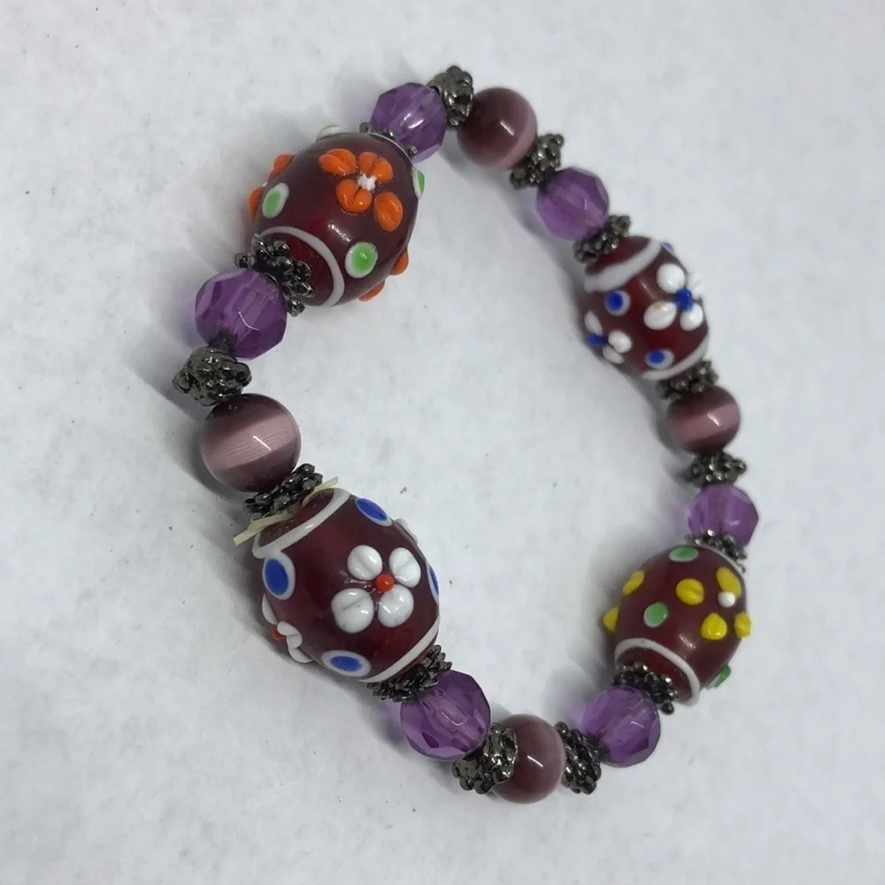 MURANO style art glass beads stretch bracelet boho layering stackable colorful